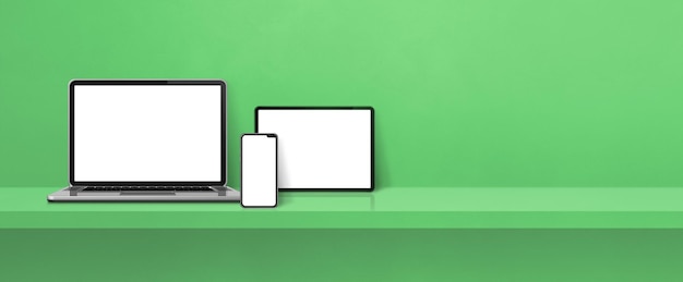 Laptop, celular e tablet pc digital na prateleira de parede verde. Fundo da bandeira. Ilustração 3D