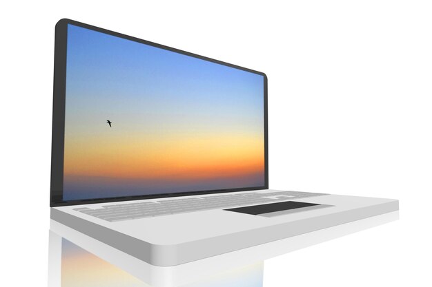 Laptop con cielo en pantalla aislado sobre fondo blanco ilustración 3D