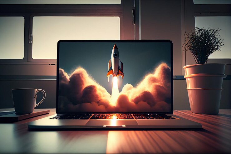 Laptop con un cohete saliendo de la pantalla generativa ai