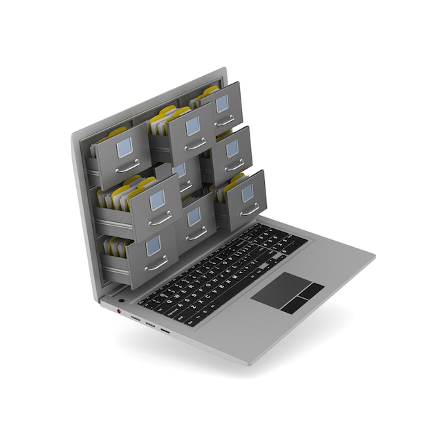 Laptop com armário de arquivo. renderização 3d isolada