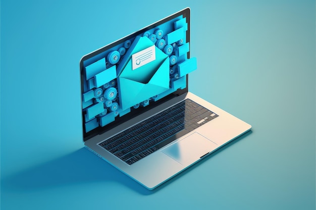 Laptop com envelope na tela conceito de envio e recebimento de e-mails de fundo azul AI