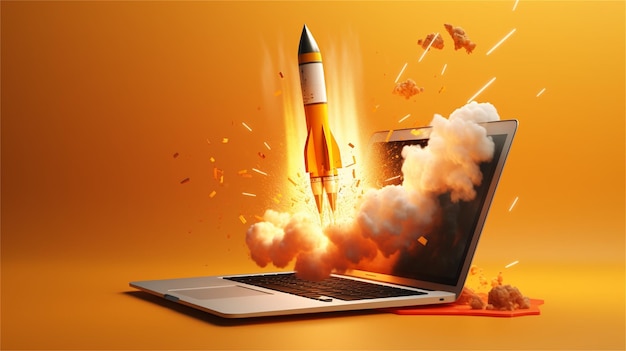 Laptop com foguete saindo da tela Ilustração em vetor