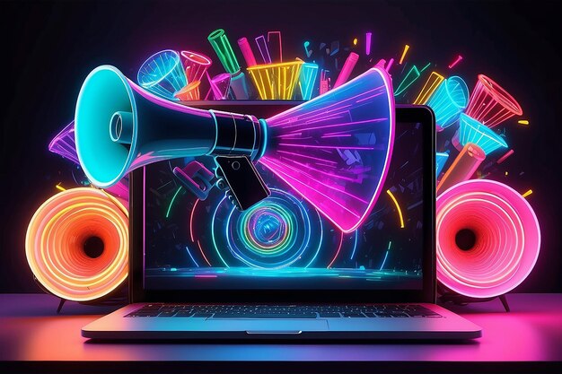 Laptop com fundo de megafone com luzes de néon coloridas vendas e marketing