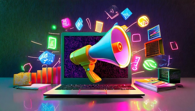 Laptop com fundo de megafone com luzes de néon coloridas vendas e marketing