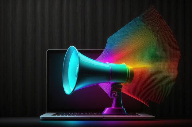 Laptop com fundo de megafone com vendas de luzes neon coloridas e marketing Generative AI