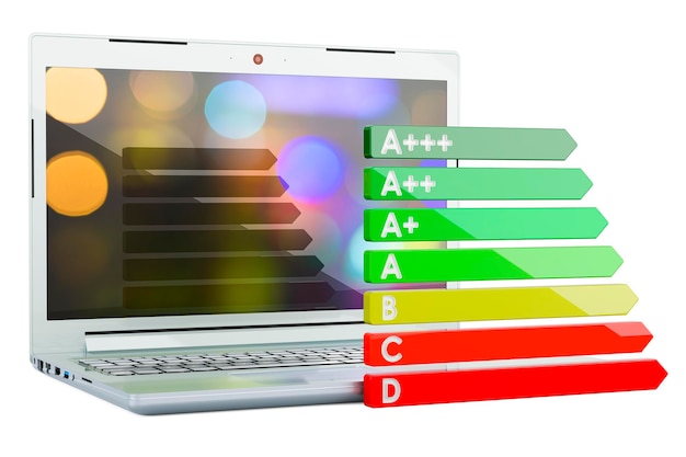 Foto laptop com gráfico de eficiência energética renderização 3d isolado em fundo branco
