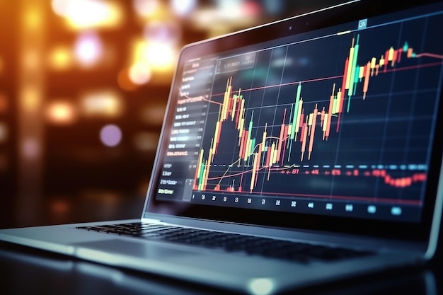 Laptop com gráfico do mercado de ações na tela Conceito financeiro e comercial