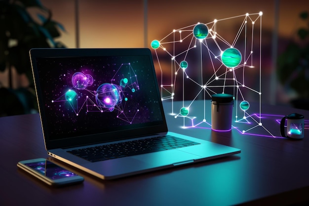 Laptop com holograma de rede social na mesa de renderização 3D