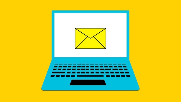 Laptop com ícone de e-mail na tela animado em fundo amarelo