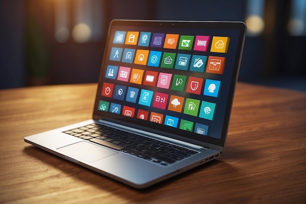 Foto laptop com ícones de aplicativos na tela conceito de tecnologia e comunicação