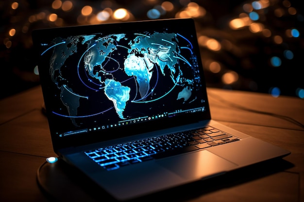 laptop com imagem de rede se espalhando pela terra homenageia o dia mundial da internet