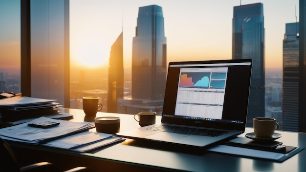 Laptop com interface de negociação de ações na tela em um escritório Business Finance and Trading Concepts