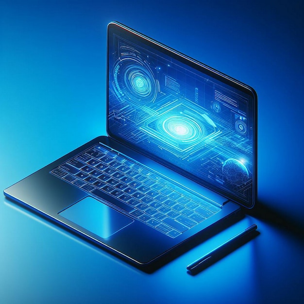 Foto laptop com interface digital em fundo azul ilustração 3d