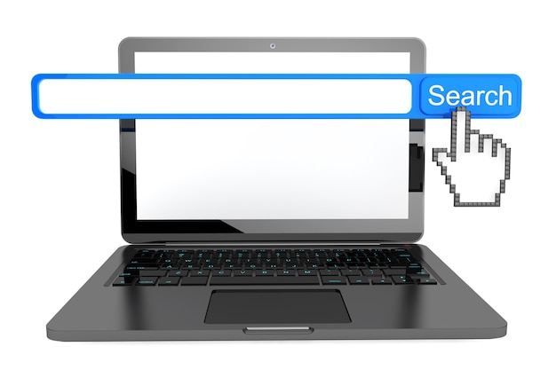 Laptop com janela do navegador do mecanismo de pesquisa da Internet em um fundo branco