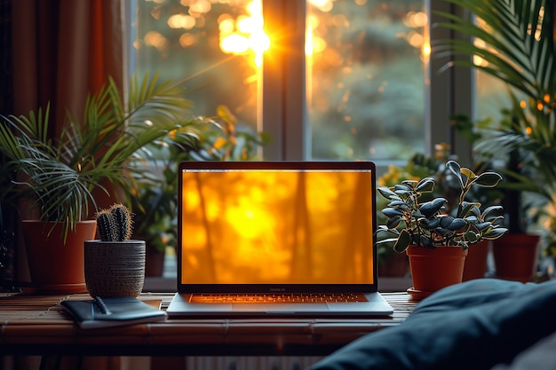 Laptop com maquete de tela amarela em fundo dourado brilhante