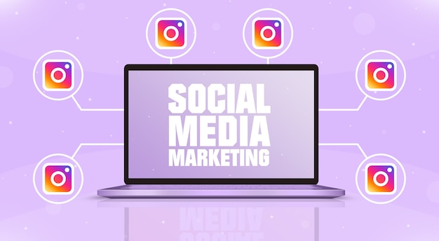 Laptop com marketing de mídia social na tela e ícones do logotipo do Instagram em 3D