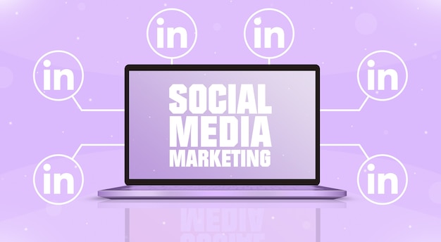 Laptop com marketing de mídia social na tela e ícones do logotipo do LinkedIn em torno de 3d