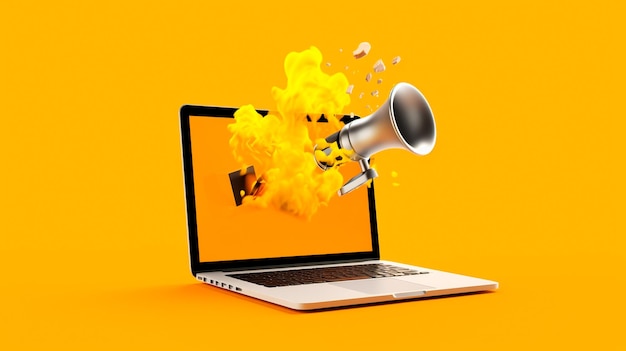 Foto laptop com megafone na tela conceito de marketing fundo amarelo ia generativa