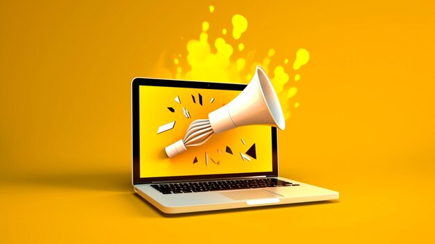 Foto laptop com megafone na tela conceito de marketing fundo amarelo ilustrador ia generativo