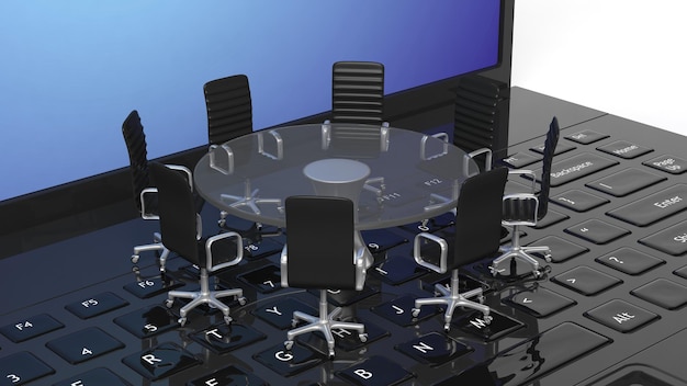 Foto laptop com mesa de reunião de vidro redonda com cadeiras no teclado