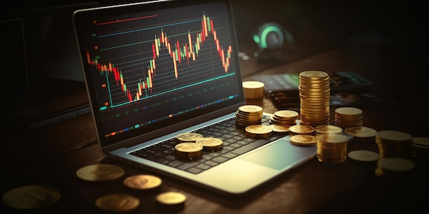 Laptop com moedas de ouro brilhantes mostrando gráficos de mercado na tela Sucesso e receita monetária