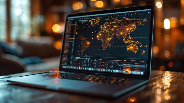 Foto laptop com o mapa do mundo no ecrã conceito de negócio