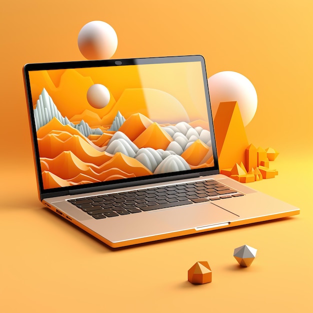Laptop com paisagem abstrata em fundo laranja ai gerado