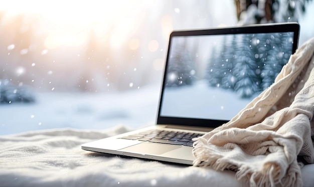 Laptop com papel de parede de paisagem de inverno ao ar livre na neve com um cobertor aconchegante