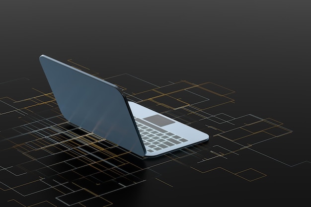 Laptop com renderização 3d de conceito tecnológico de fundo preto