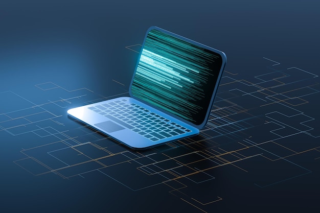 Laptop com renderização 3d de conceito tecnológico de fundo preto