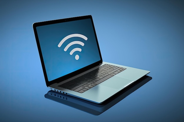Laptop com sinal Wi-Fi no ecrã conceito de tecnologia de fundo azul IA gerativa