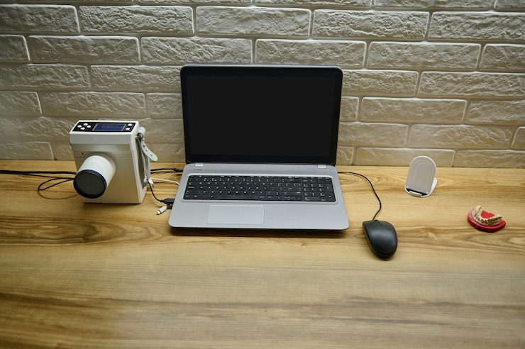 Foto laptop com tela em branco com espaço para anúncio de cópia, aparelho de raio-x odontológico portátil para fazer radiografias panorâmicas e impressão dentária da mandíbula em uma mesa de madeira no consultório do dentista. odontologia