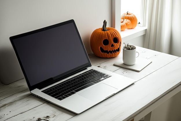 Laptop com tela em branco em uma mesa de madeira branca Decorações de Halloween na sala de estar de uma casa contemporânea e agradável Espaço de mesa para um escritório em casa Mock up da área de cópia Vendas sazonais e on-line