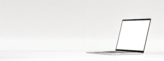 Laptop com tela em branco na mesa branca no fundo da parede branca Mockup moderno de cor metálica prateada para laptop Wide web banner espaço para cópia