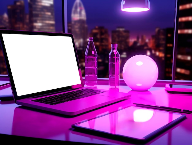 Laptop com tela em branco na mesa do escritório à noite IA generativa