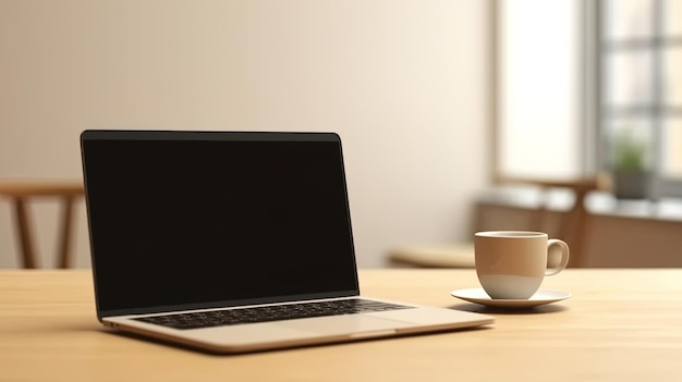 Laptop com tela em branco no laptop de espaço de trabalho de mesa mostrando fundo de tela em branco