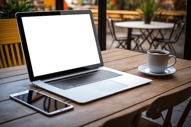 Laptop com tela em branco simulada na mesa de madeira em frente ao espaço do café para exibição de produto de texto conceito de tecnologia de montagem de laptop de computador