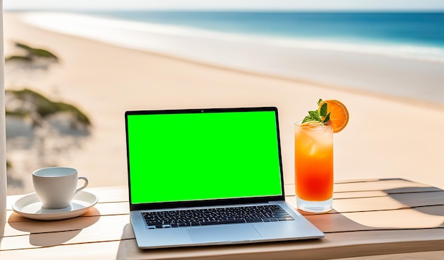 Laptop com tela verde em uma mesa à beira-mar com palmeiras de coquetel tropical e vista para o oceano retratando um ambiente de trabalho relaxado