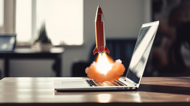 Laptop com um foguete decolando Conceito de ganhar dinheiro online trabalhando em negócios digitais empreendedorismo criptomoeda investimento marketing digital AI Generate