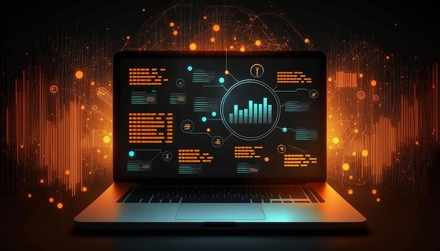 Laptop com um gráfico mostrando gráficos e tabelas na tela.