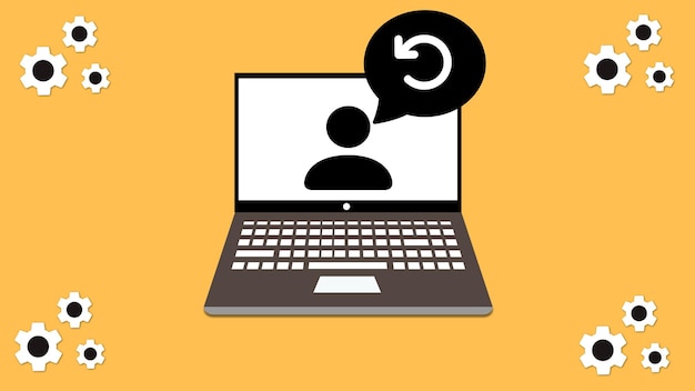 Laptop com um ícone de usuário na tela, ícone de atualização em um fundo amarelo