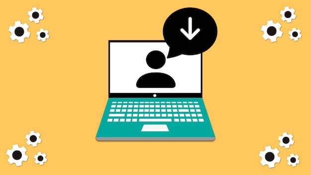 Laptop com um perfil de usuário e ícone de download em fundo amarelo