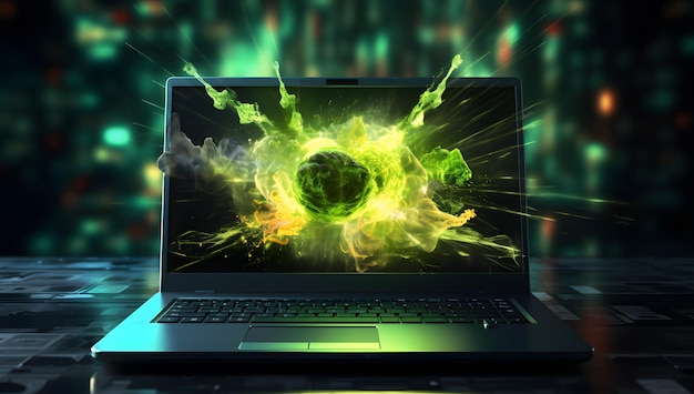 laptop com uma imagem de um sinal de ataque cibernético composições luminosas