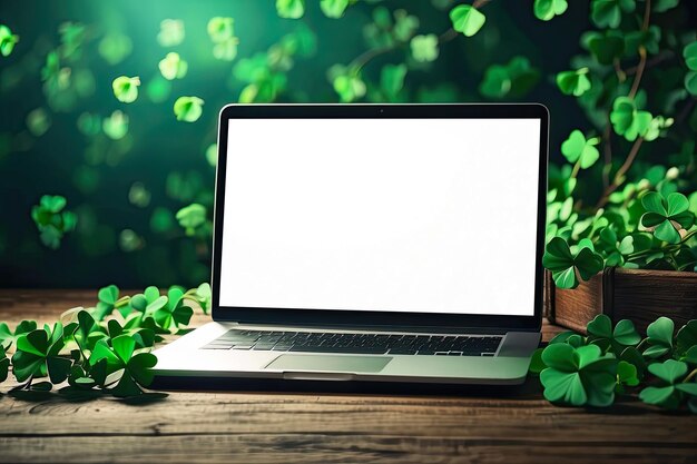 Laptop com uma tela branca em branco em trevo verde para o Dia de São Patrício Trabalho remoto sazonal internet uma compra de cartão de férias Sorte de estufa AI gerada