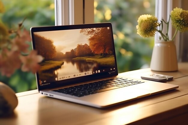 laptop com uma xícara de café e uma planta na mesa