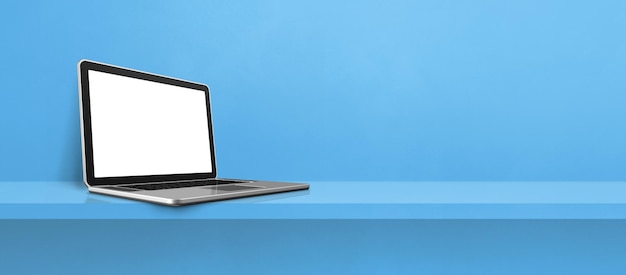 Laptop-Computer auf blauer Regalhintergrundfahne