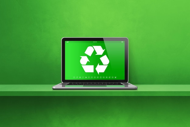 Foto laptop-computer auf einem regal mit einem recycling-symbol auf dem bildschirm umweltschutzkonzept 3d-illustration isoliert auf grünem hintergrund