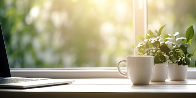 Laptop-Computer auf einem Schreibtisch mit Pflanzen und Kaffeetasse