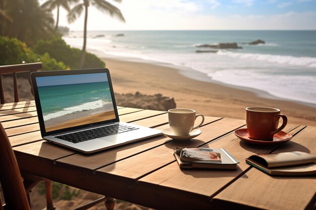 Laptop-Computer auf einem Tisch mit einer Tasse Kaffee und einem Handy