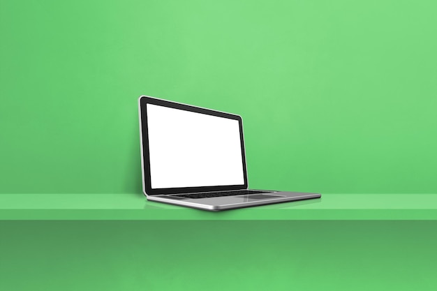 Laptop-Computer auf grünem Regalhintergrund. 3D-Illustration